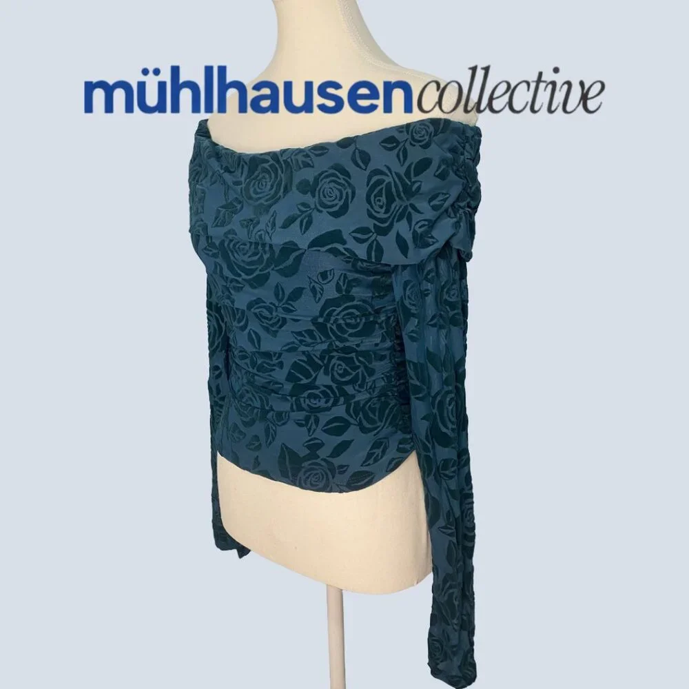 NWT Wild Fable Velvet Mesh Teal Floral Off-Shoulder Top - Picture 5 of 5